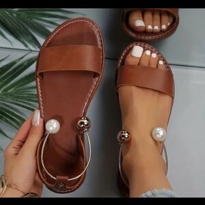 Brown Leather Sandals with Pearl Accents